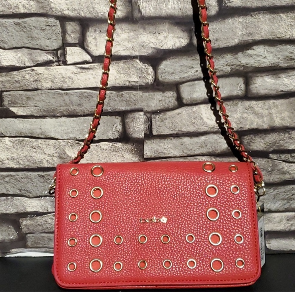 Bebe Faux leather Red, Gold Chain, Small Clutch Crossbody Shoulder Bag NWT